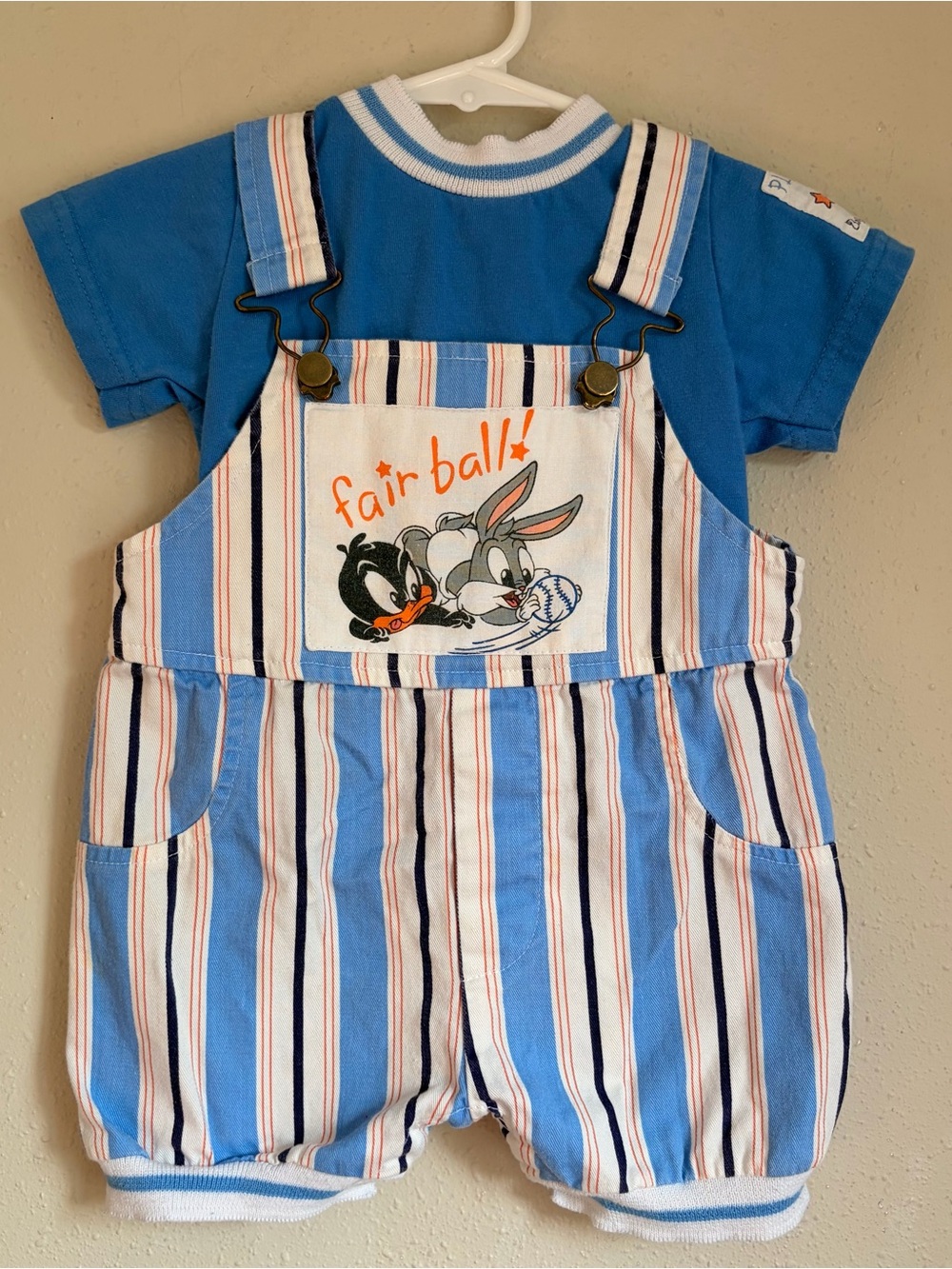 Vintage Y2K Looney Tunes Striped Overalls with Baseball Cartoon Panel